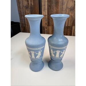 Blue Jasperware Style Vases Pair Grecian Relief Matte Ceramic